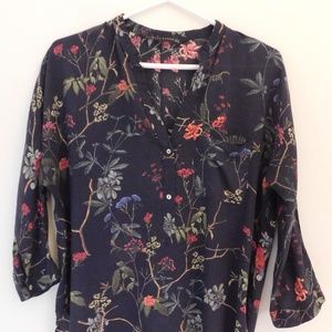 Zara Navy Floral Button Down Blouse